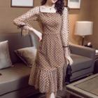 Long-sleeve Polka Dot Mesh Paneled Velvet Dress