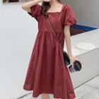 Set: Square-neck Puff-sleeve A-line Dress + Bucket Hat