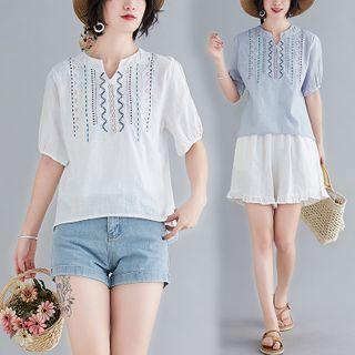 Embroidered Semi Split-neck Shirt
