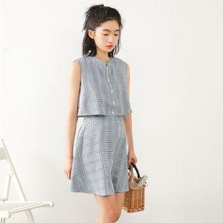 Set: Sleeveless Plaid Shirt + Mini A-line Skirt