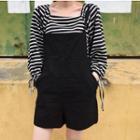 Long-sleeve Square-neck Striped T-shirt / Double-strap Jumper Shorts