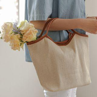 Faux-leather Trim Tote Bag Oatmeal - One Size
