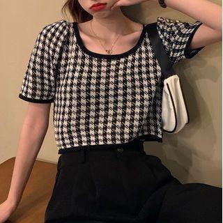 Elbow-sleeve Houndstooth Knit Top