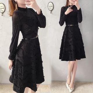 Long-sleeve Fringed Paneled Midi A-line Dress
