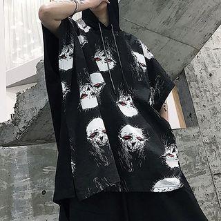 Short-sleeve Printed Hoodie Black - One Size