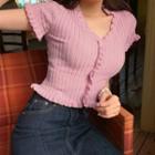 Ruffled Short-sleeve Rib Knit Top Pink - One Size