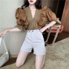 Ruffled-trim V-neck Blouse / High-waist Dress Shorts