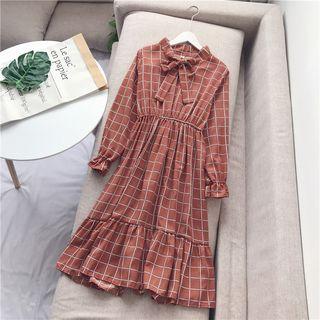 Check Tie Neck A-line Chiffon Dress