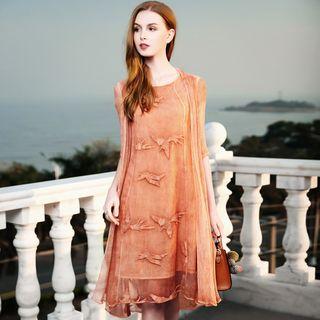 Mock Two-piece Embroidered Elbow-sleeve Dress