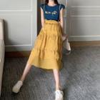 Set: Short-sleeve Lettering T-shirt + Suspender Midi Skirt