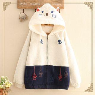Cat Print Color-block Fleece-lined Hood Jacket