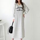 V-neck Letter Stripe Long T-shirt Dress