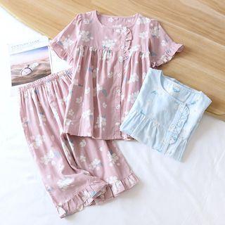 Loungewear Set : Ruffle Print Short-sleeve Top & Shorts