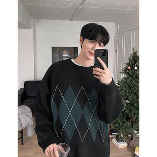 Drop-shoulder Argyle Oversize Sweater