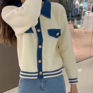 Denim Panel Collared Cardigan