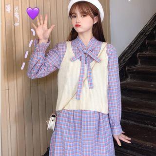 Rib-knit Vest / Plaid Long-sleeve Dress