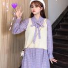 Rib-knit Vest / Plaid Long-sleeve Dress