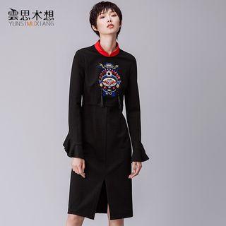 Stand Collar Embroidered Long-sleeve Dress