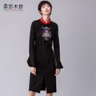 Stand Collar Embroidered Long-sleeve Dress