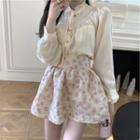 Puff-sleeve Frilled Blouse / Floral Print High-waist Skirt