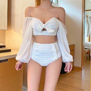 Long-sleeve Dotted Ruffle Tankini