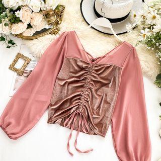 Long-sleeve Velvet-panel Drawstring Top