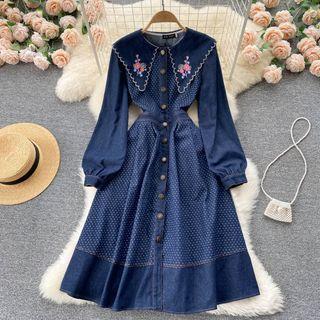Lapel Embroidered Flower Dots Denim Dress