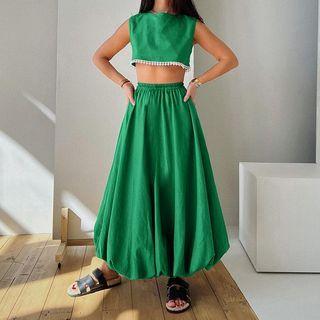 Set: Lace Trim Crop Tank Top + Midi A-line Skirt