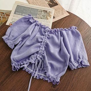 Puff-sleeve Frill Trim Drawcord Crop Top