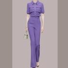 Set: Short-sleeve Pocket Detail Zipped Shirt + Bootcut Pants