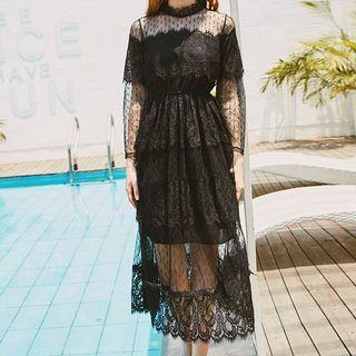 Long-sleeve Lace Panel A-line Mesh Maxi Dress