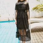 Long-sleeve Lace Panel A-line Mesh Maxi Dress