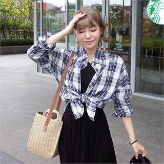 Drop-shoulder Roll-up Sleeve Plaid Shirt