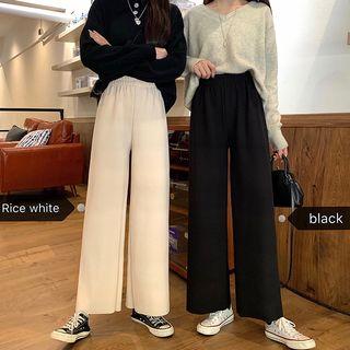 Elastic Waist Plain Straight-cut Pants