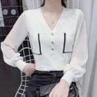 Long-sleeve Chiffon Panel Henley Knit Top