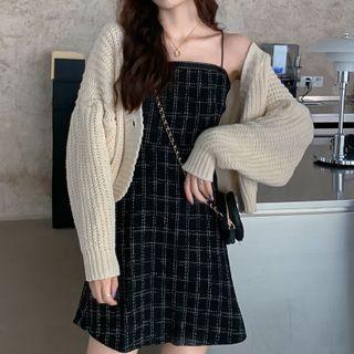 Spaghetti Strap Plaid Mini A-line Dress / Ribbed Knit Cardigan