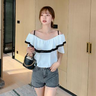 Cold-shoulder Ruffled Short-sleeve Blouse