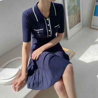 Faux-pearl Flared Knit Polo Dress
