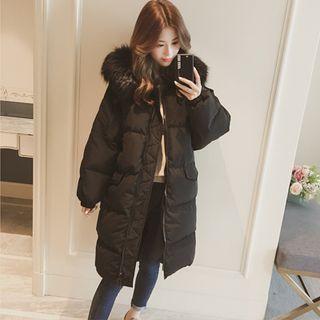 Furry-trim Hooded Zip Padded Long Vest