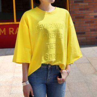 Elbow-sleeve Lettering Embossed T-shirt