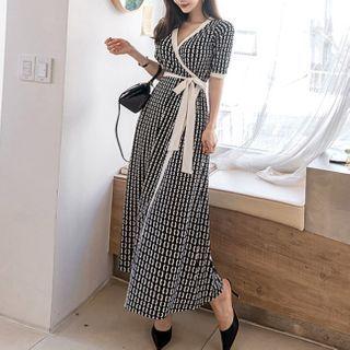 Short-sleeve Pattern Midi A-line Wrap Dress