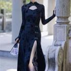 Set: Long-sleeve Cutout Floral Qipao Top + Slit Midi Skirt