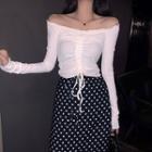 Plain Off-shoulder Lace-up Knit Top / High-waist Polka Dot Skirt