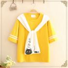 Mock Two-piece Cat Print Elbow-sleeve T-shirt