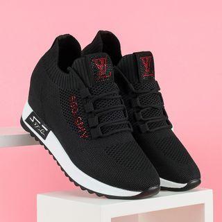 Hidden Heel Lettering Lace-up Mesh Athletic Sneakers