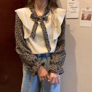 Floral Lace-up Strap Long-sleeve Panel Knit Top