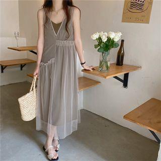 Sleeveless Mock Two-piece Mesh Midi Dress Khaki - One Size
