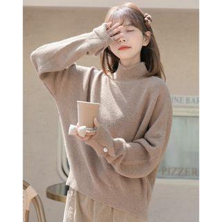Faux Pearl Mock-neck Sweater Khaki - One Size