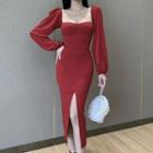 Balloon-sleeve Square-neck Slit Midi Sheath Dress