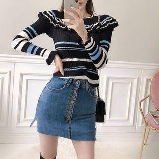 Frill-trim Stripe Knit Top Black - One Size